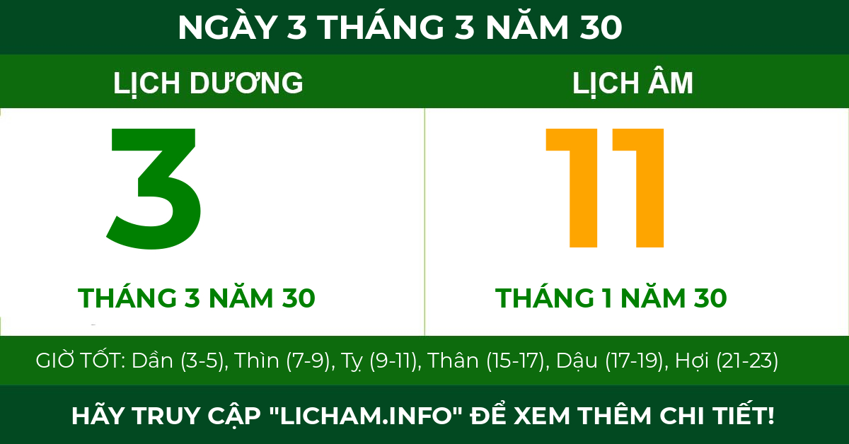 lịch âm ngày 3 tháng 3 năm 30