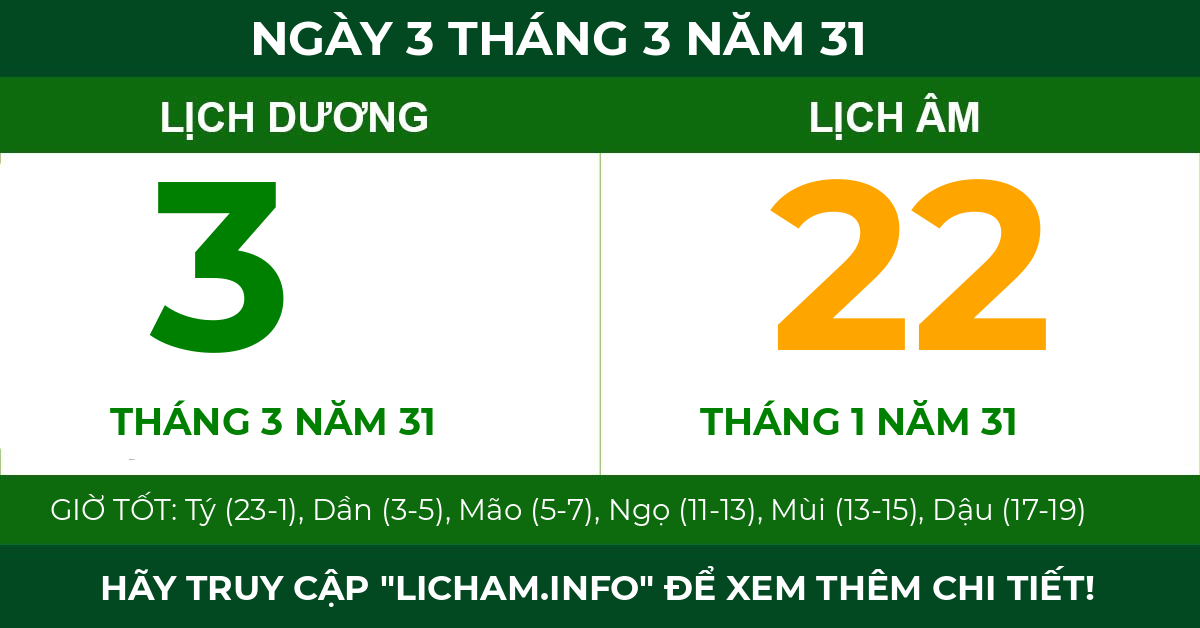 lịch âm ngày 3 tháng 3 năm 31