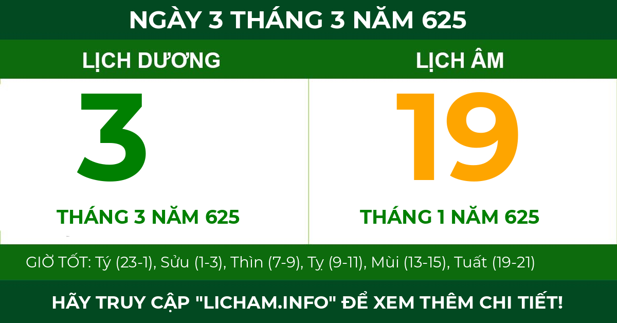 lịch âm ngày 3 tháng 3 năm 625