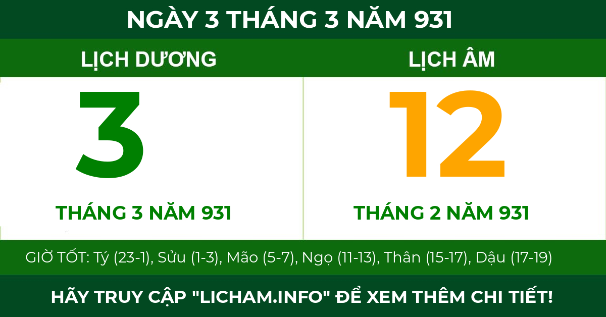 lịch âm ngày 3 tháng 3 năm 931