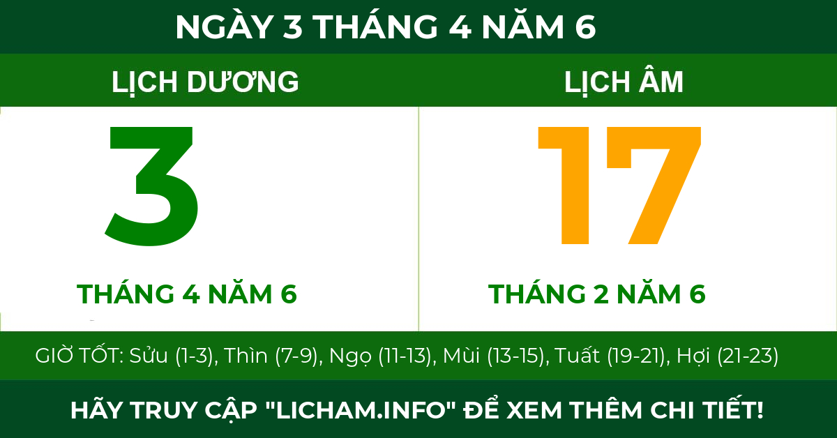 lịch âm ngày 3 tháng 4 năm 6