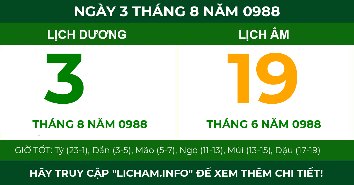 lịch âm ngày 3 tháng 8 năm 0988