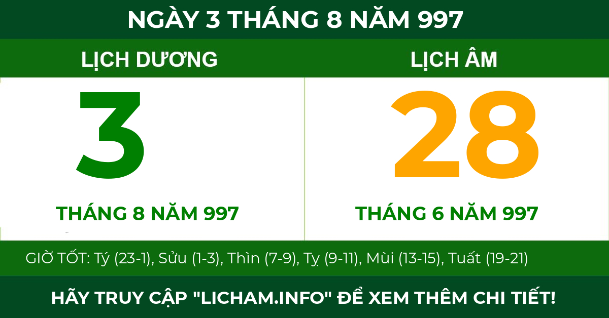 lịch âm ngày 3 tháng 8 năm 997