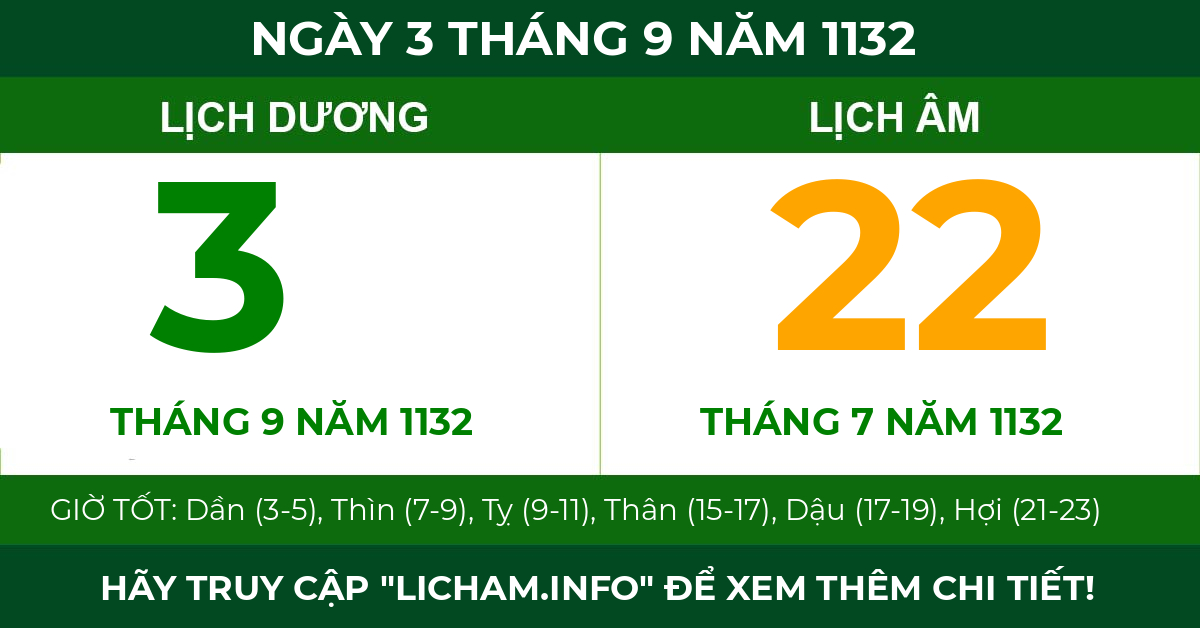 lịch âm ngày 3 tháng 9 năm 1132