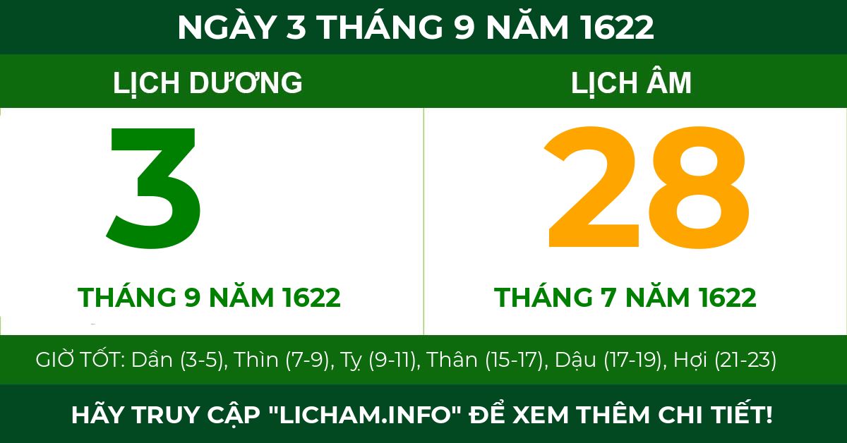 lịch âm ngày 3 tháng 9 năm 1622