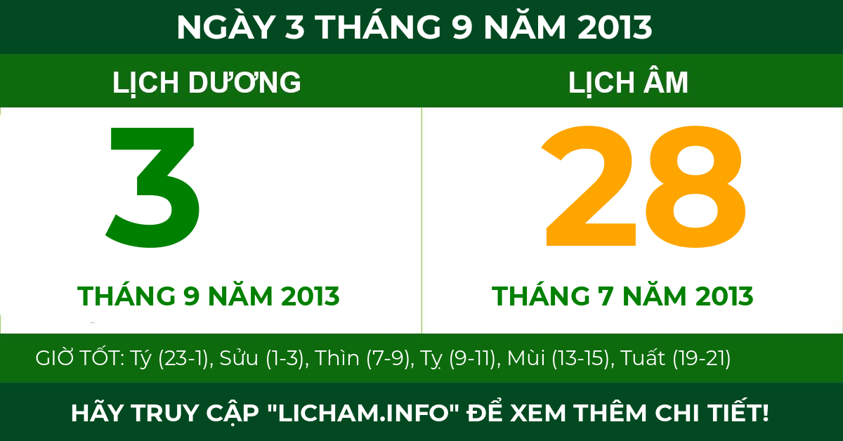 lịch âm ngày 3 tháng 9 năm 2013