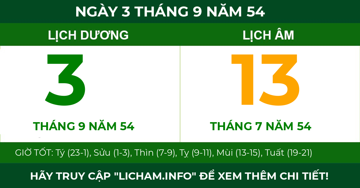 lịch âm ngày 3 tháng 9 năm 54