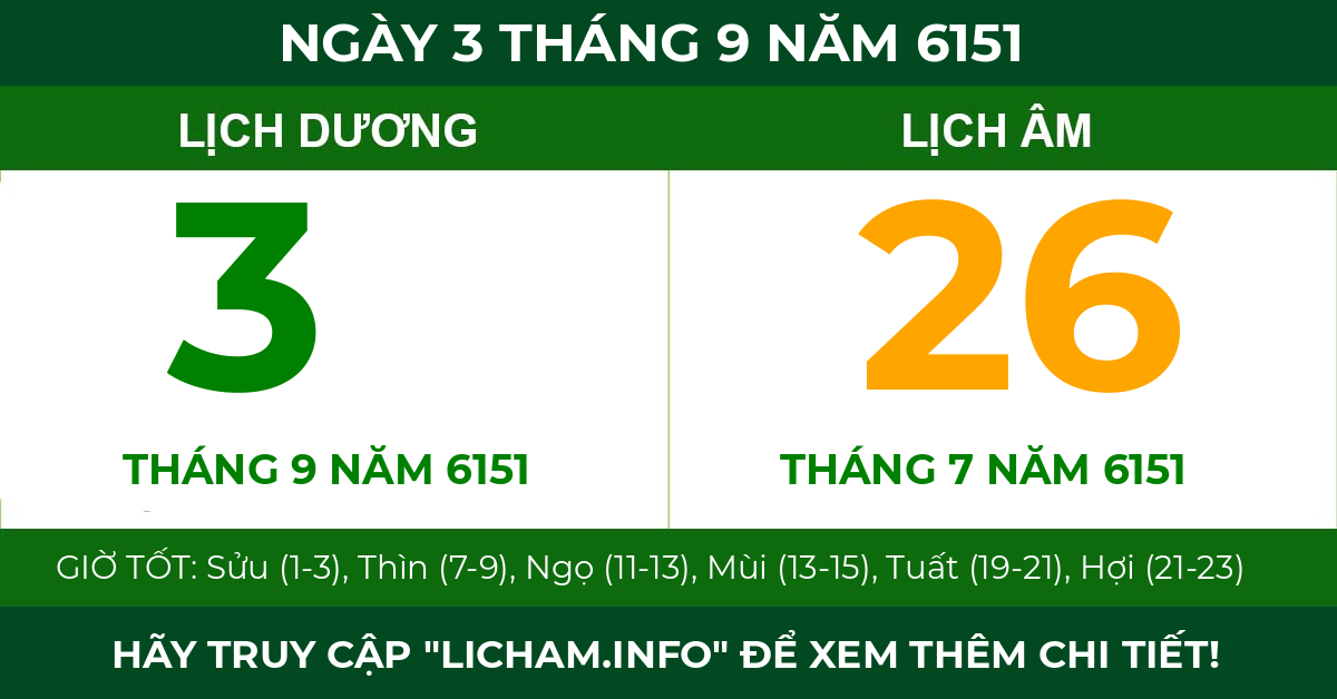 lịch âm ngày 3 tháng 9 năm 6151