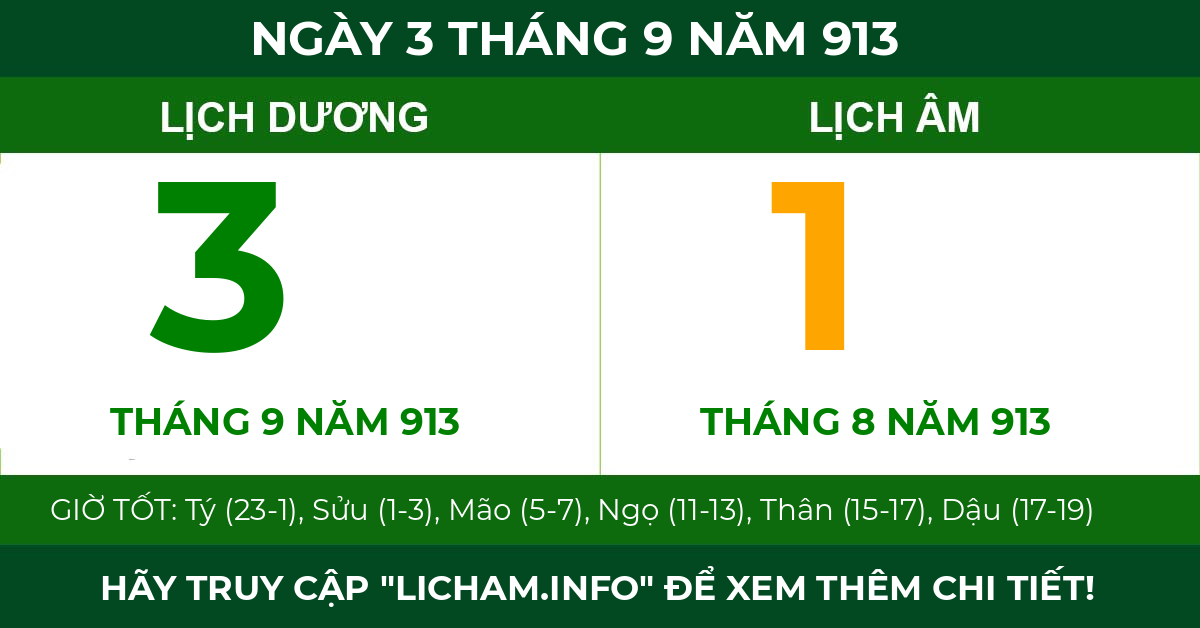 lịch âm ngày 3 tháng 9 năm 913