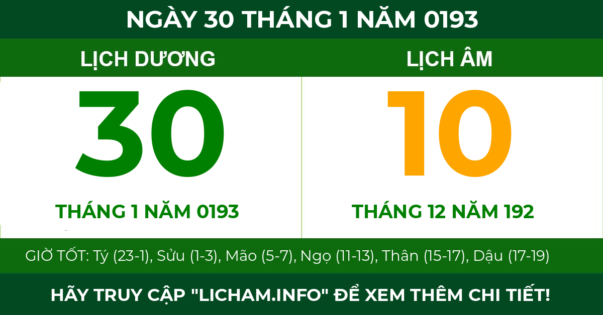 lịch âm ngày 30 tháng 1 năm 0193