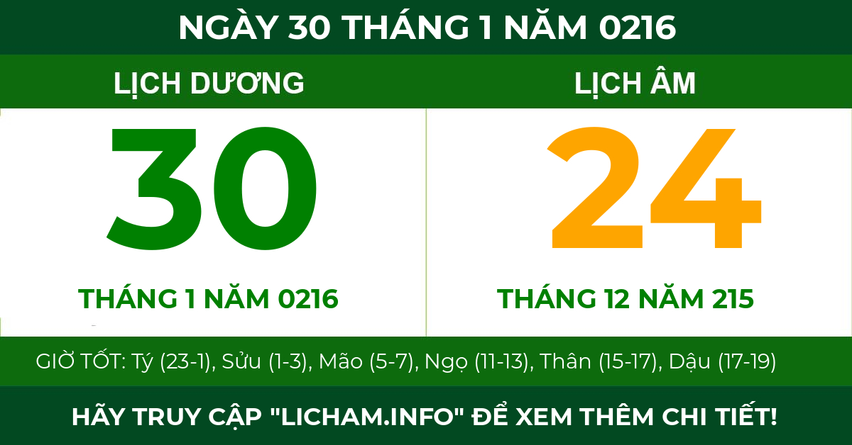 lịch âm ngày 30 tháng 1 năm 0216