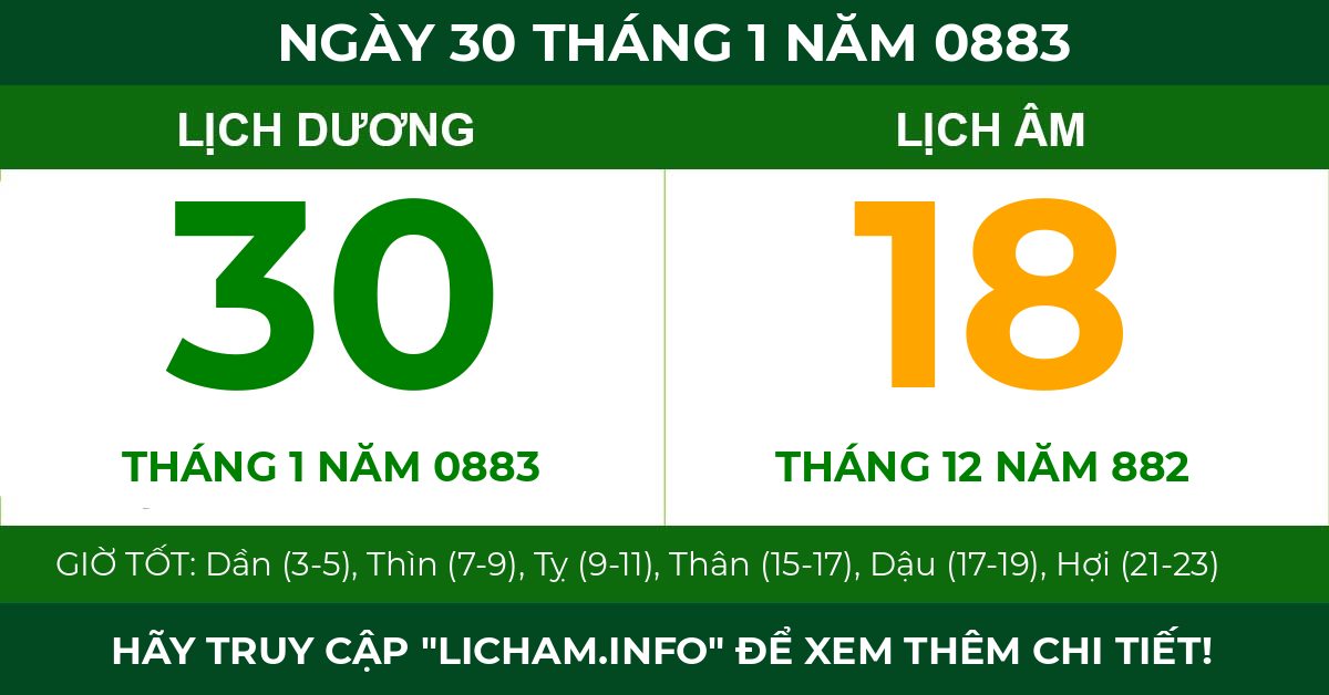 lịch âm ngày 30 tháng 1 năm 0883