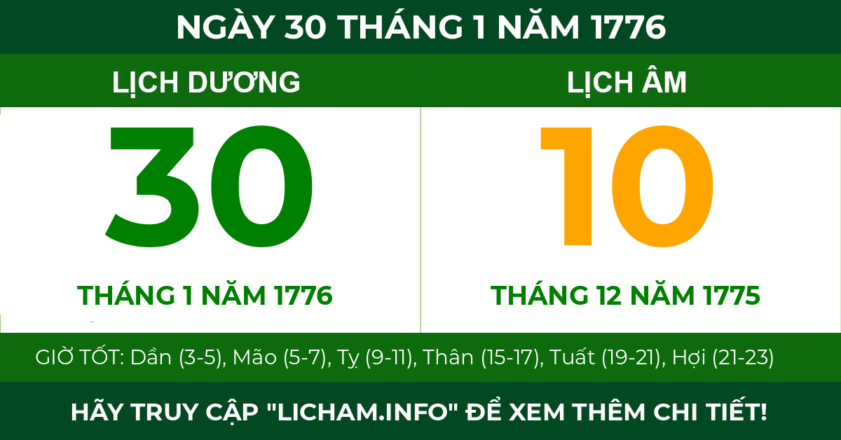 lịch âm ngày 30 tháng 1 năm 1776