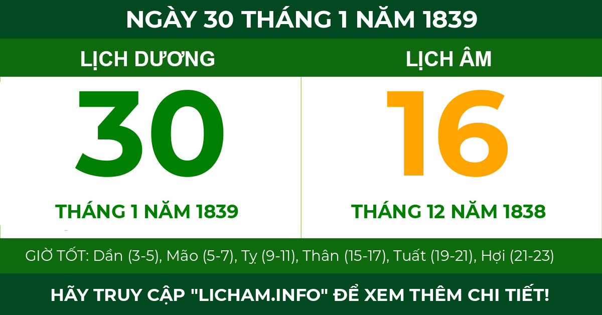 lịch âm ngày 30 tháng 1 năm 1839