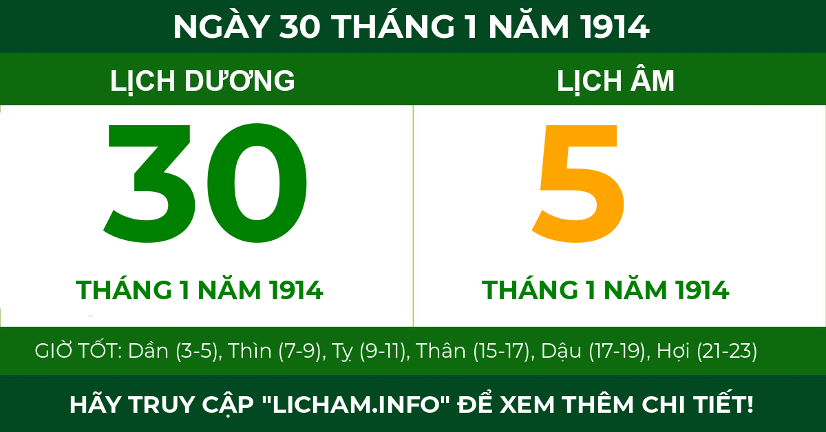 lịch âm ngày 30 tháng 1 năm 1914