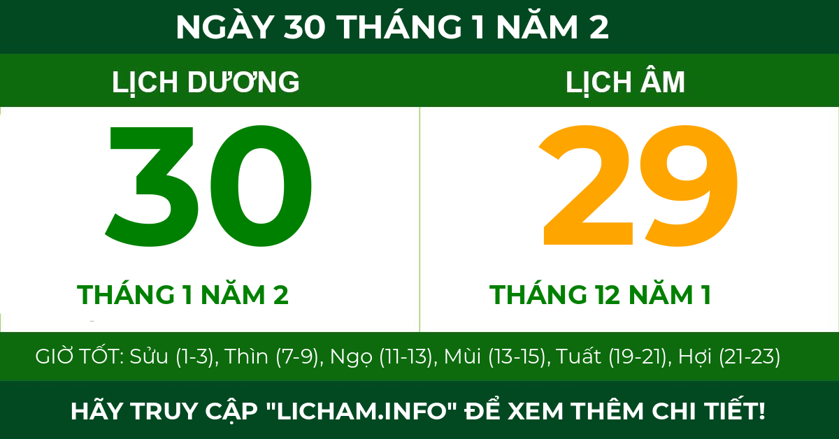 lịch âm ngày 30 tháng 1 năm 2