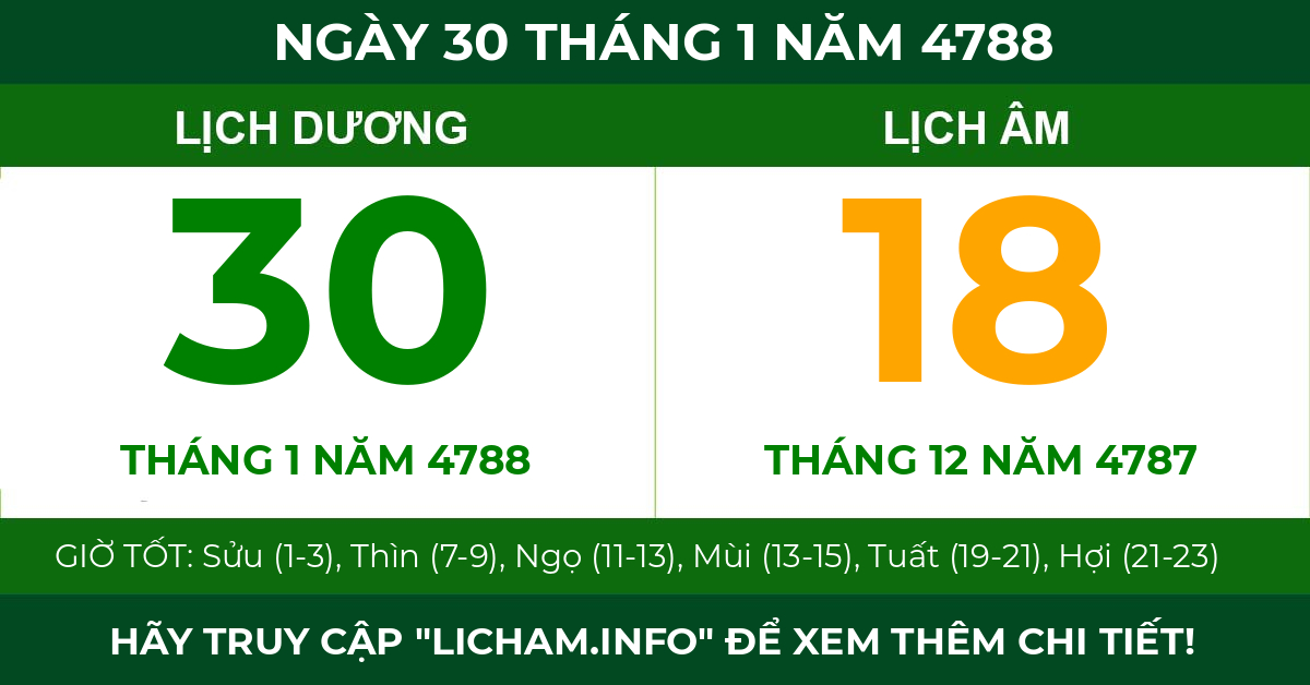 lịch âm ngày 30 tháng 1 năm 4788