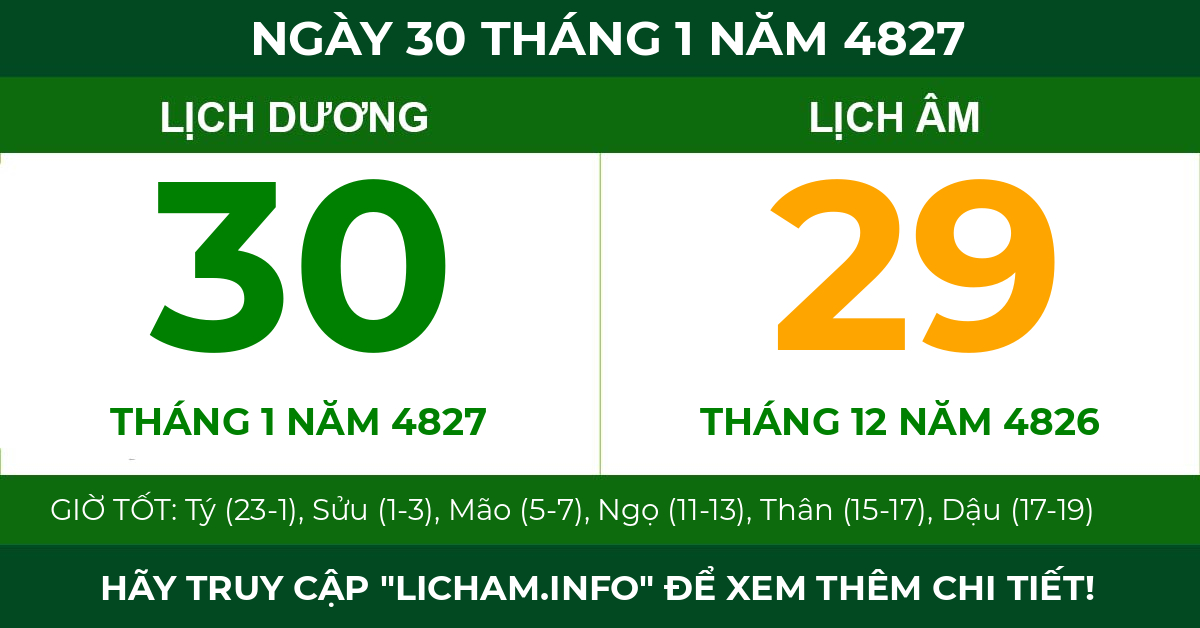 lịch âm ngày 30 tháng 1 năm 4827