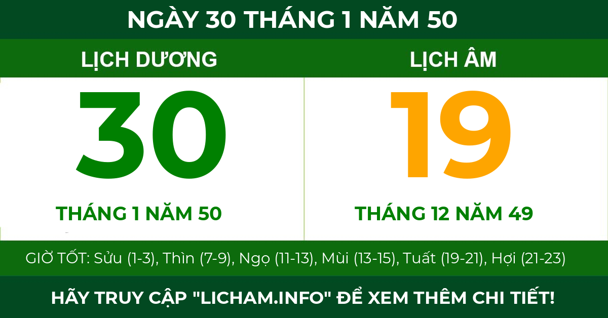 lịch âm ngày 30 tháng 1 năm 50