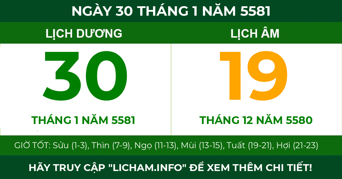 lịch âm ngày 30 tháng 1 năm 5581