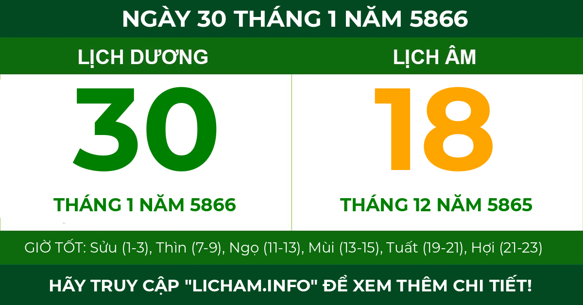 lịch âm ngày 30 tháng 1 năm 5866