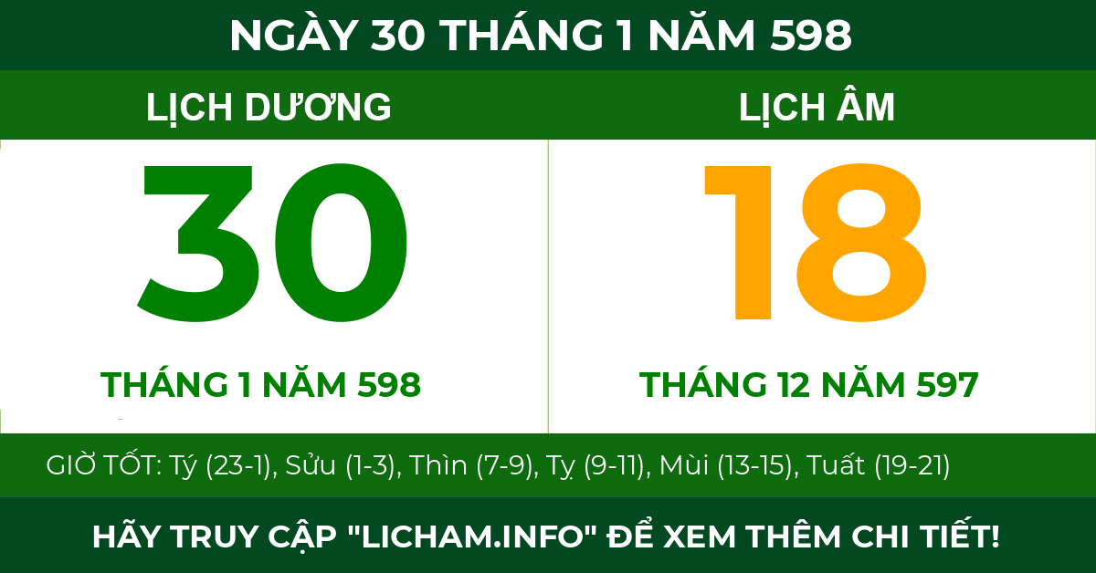 lịch âm ngày 30 tháng 1 năm 598