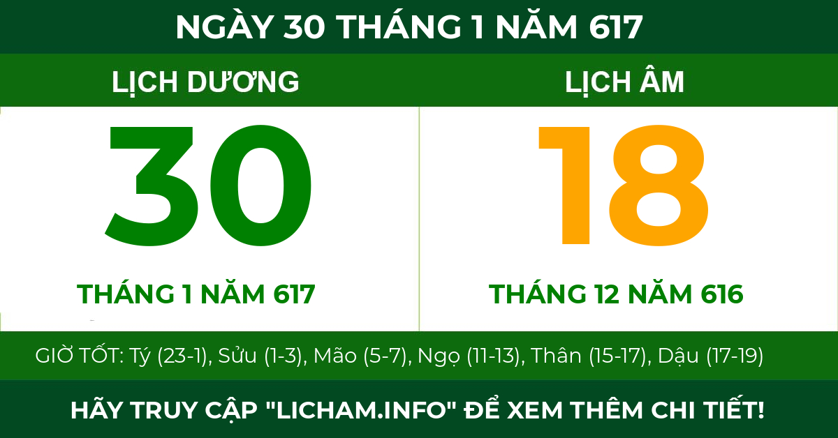 lịch âm ngày 30 tháng 1 năm 617