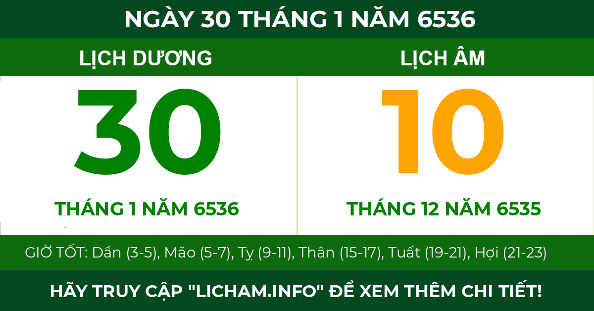 lịch âm ngày 30 tháng 1 năm 6536
