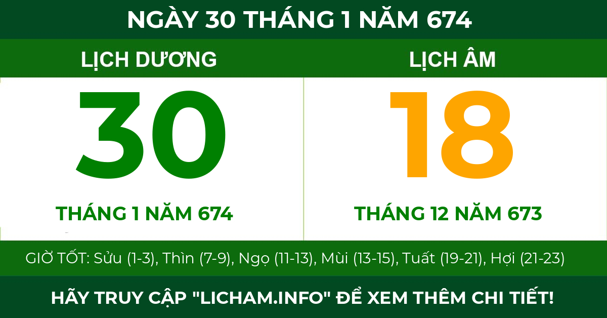 lịch âm ngày 30 tháng 1 năm 674