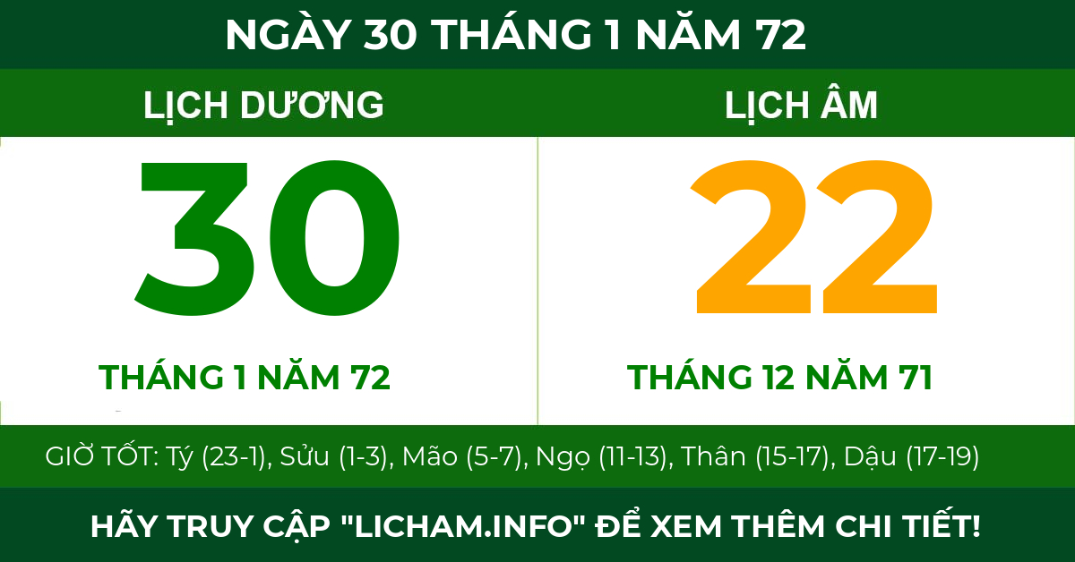 lịch âm ngày 30 tháng 1 năm 72