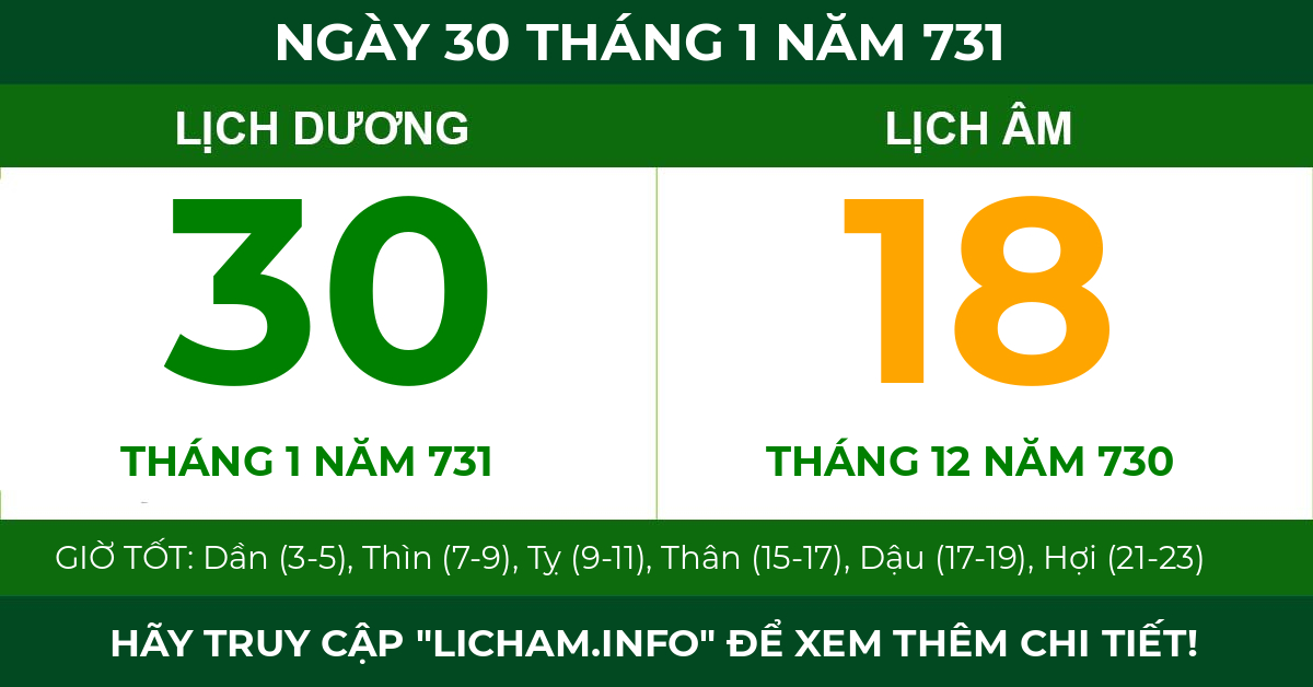 lịch âm ngày 30 tháng 1 năm 731