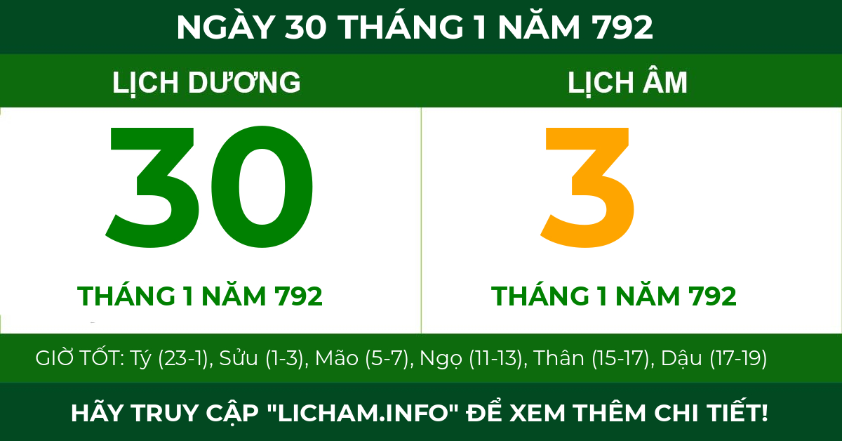 lịch âm ngày 30 tháng 1 năm 792