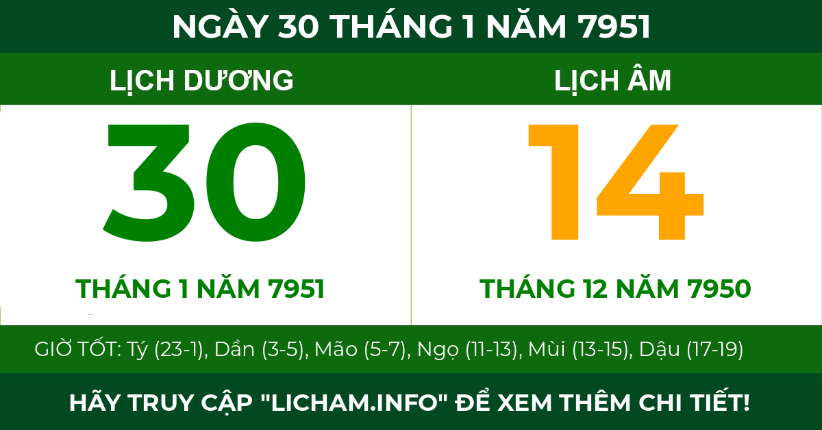 lịch âm ngày 30 tháng 1 năm 7951