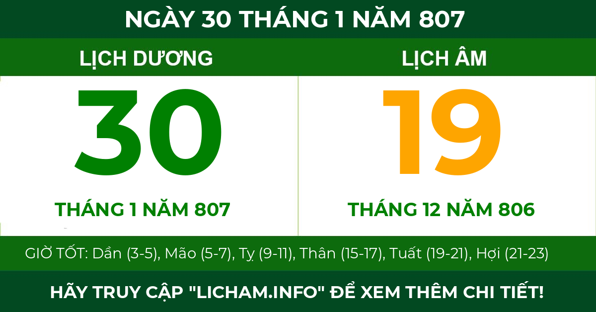 lịch âm ngày 30 tháng 1 năm 807