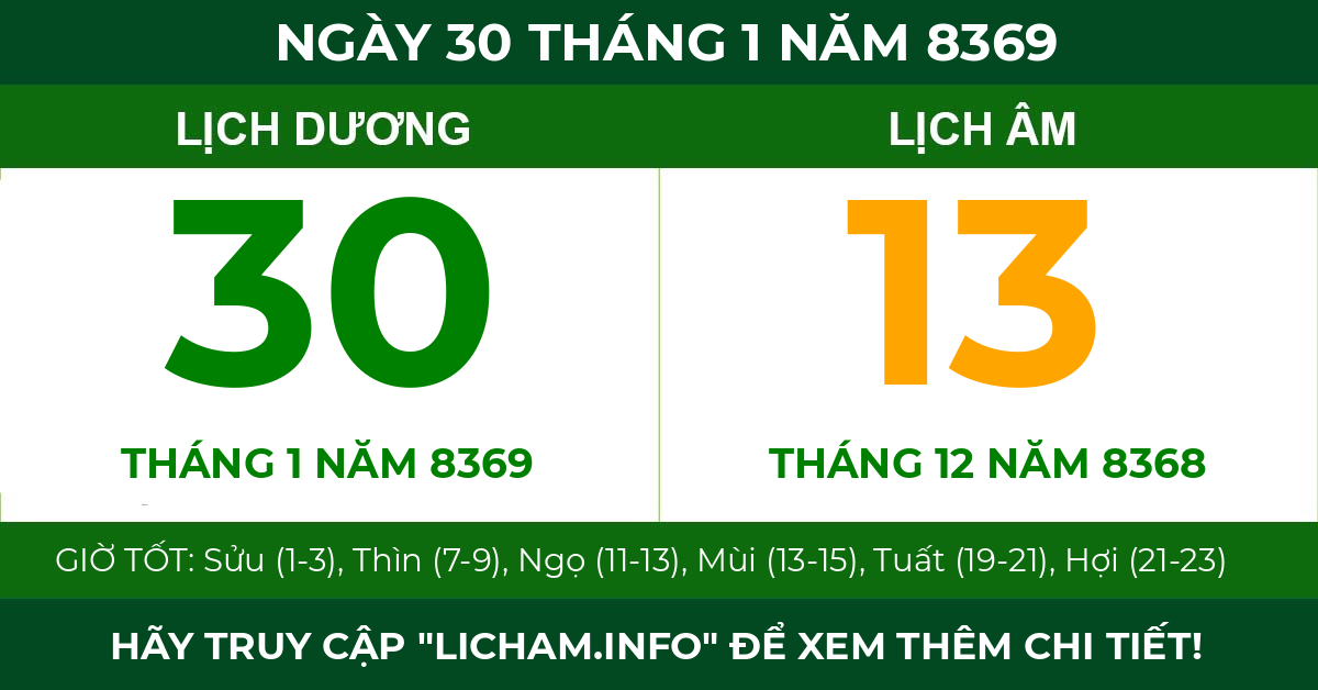 lịch âm ngày 30 tháng 1 năm 8369