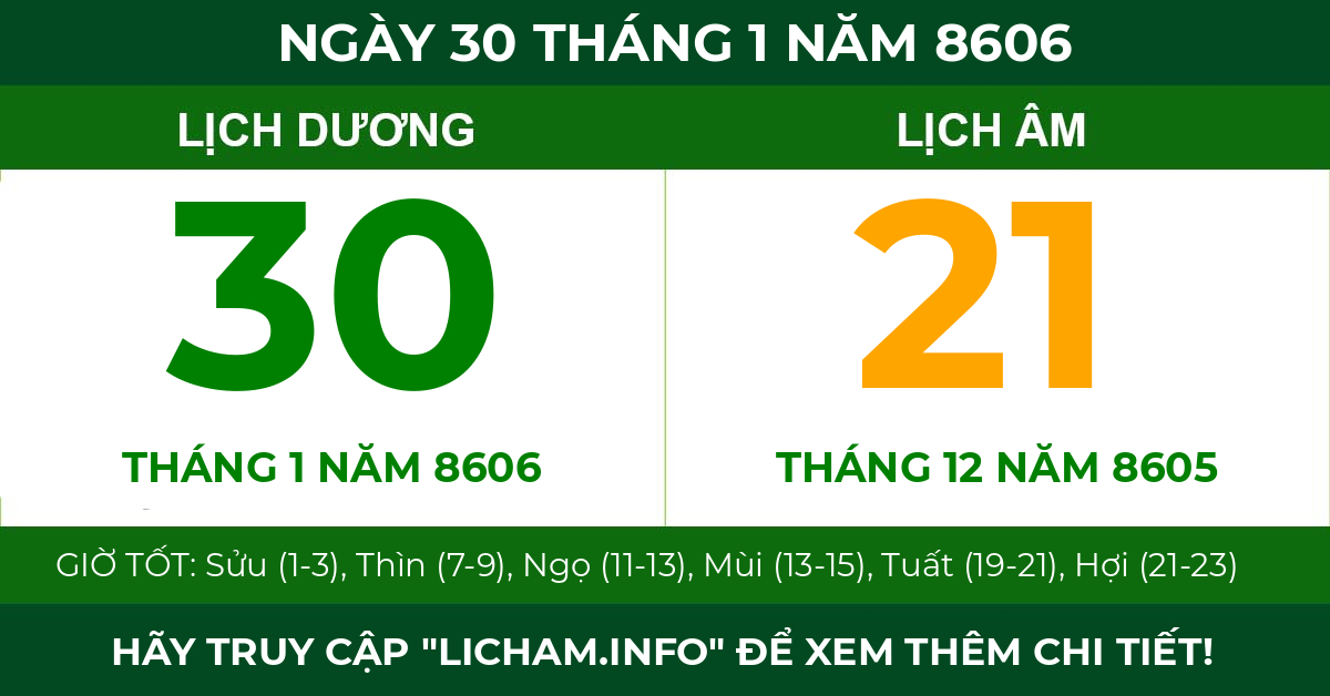 lịch âm ngày 30 tháng 1 năm 8606