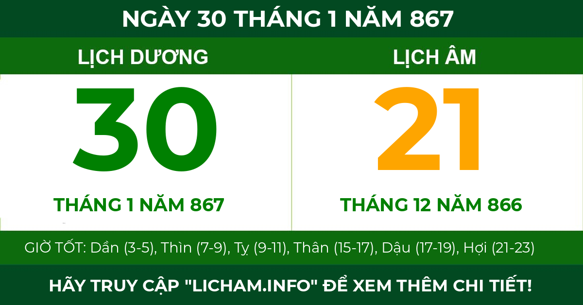 lịch âm ngày 30 tháng 1 năm 867
