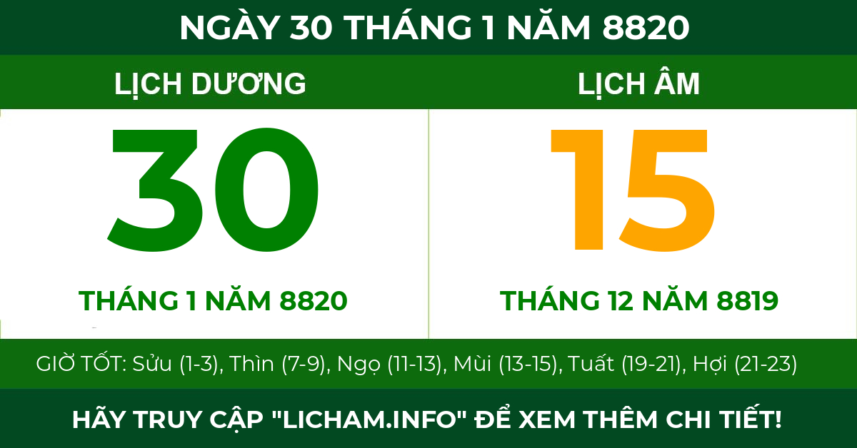 lịch âm ngày 30 tháng 1 năm 8820