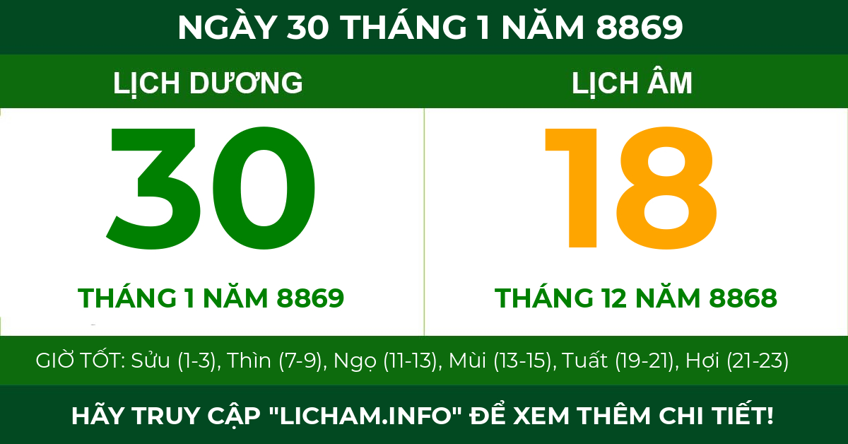 lịch âm ngày 30 tháng 1 năm 8869