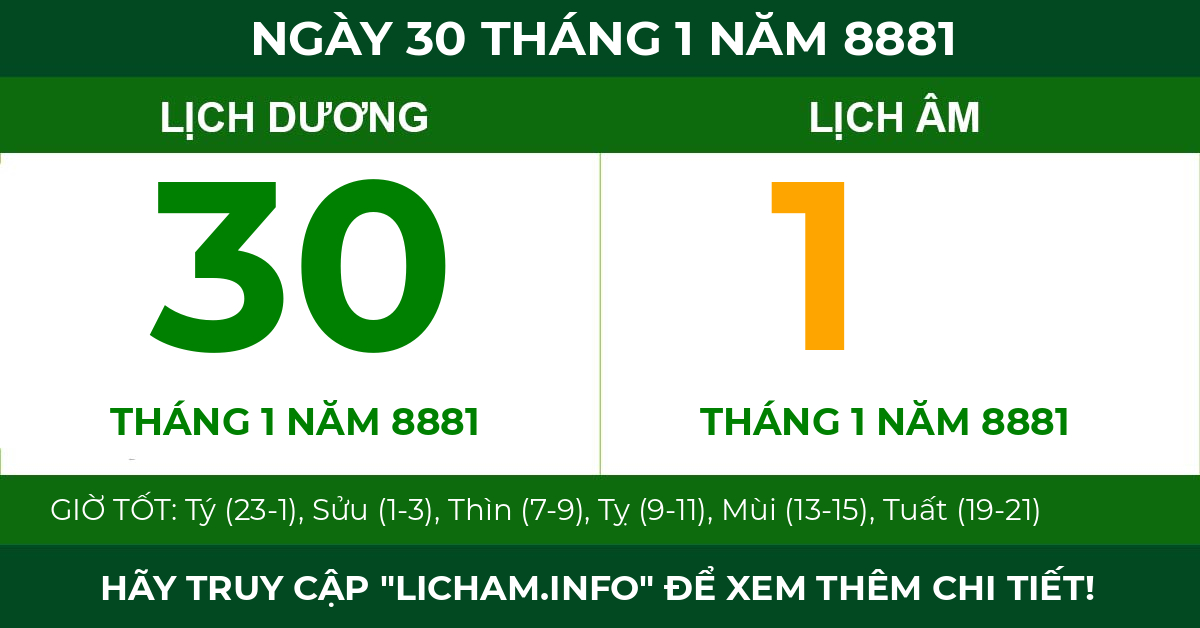 lịch âm ngày 30 tháng 1 năm 8881