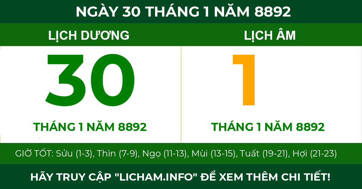lịch âm ngày 30 tháng 1 năm 8892