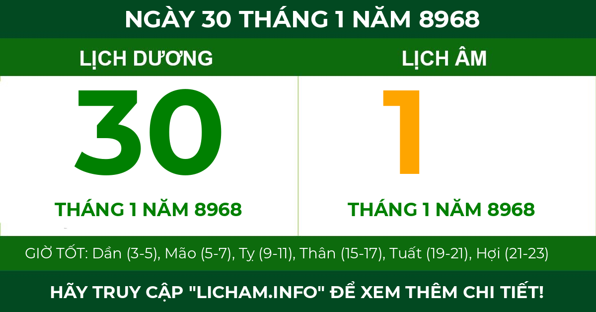 lịch âm ngày 30 tháng 1 năm 8968