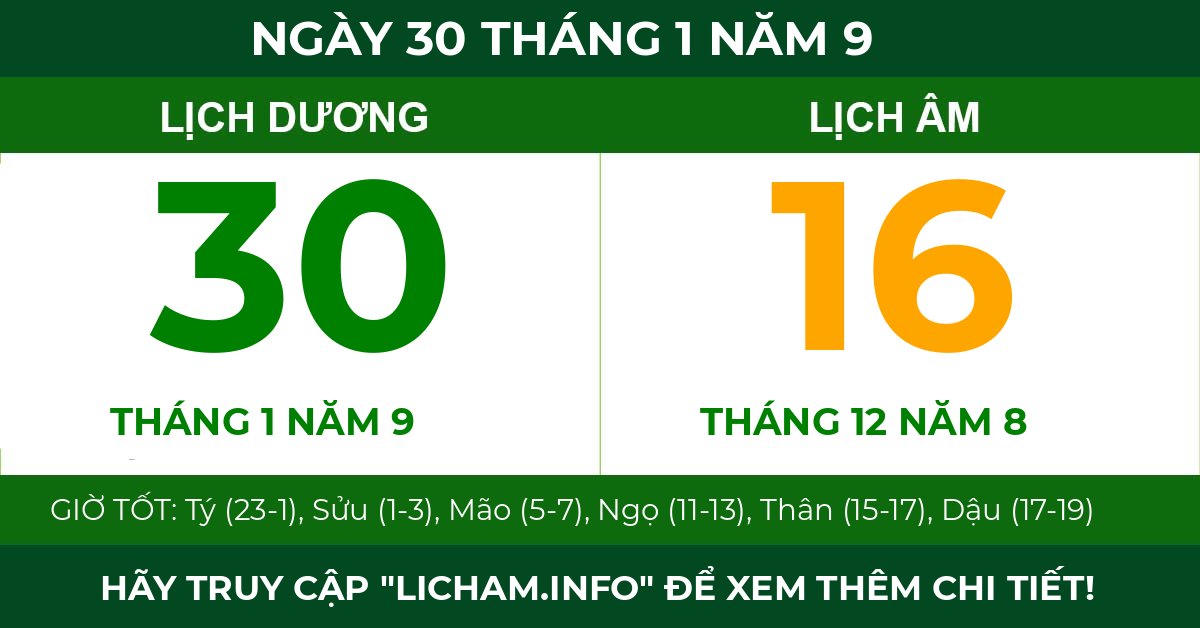 lịch âm ngày 30 tháng 1 năm 9