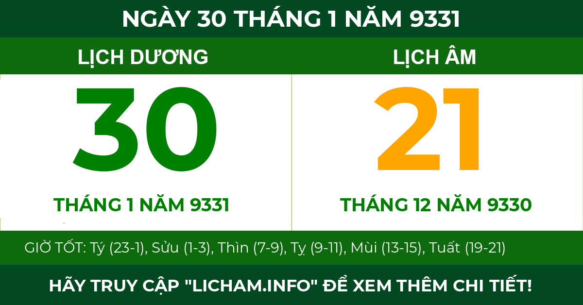 lịch âm ngày 30 tháng 1 năm 9331