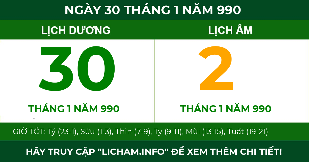 lịch âm ngày 30 tháng 1 năm 990