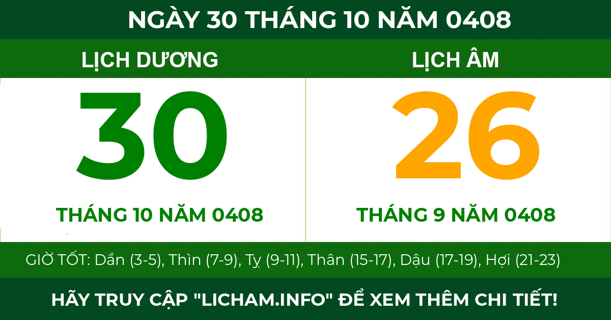 lịch âm ngày 30 tháng 10 năm 0408