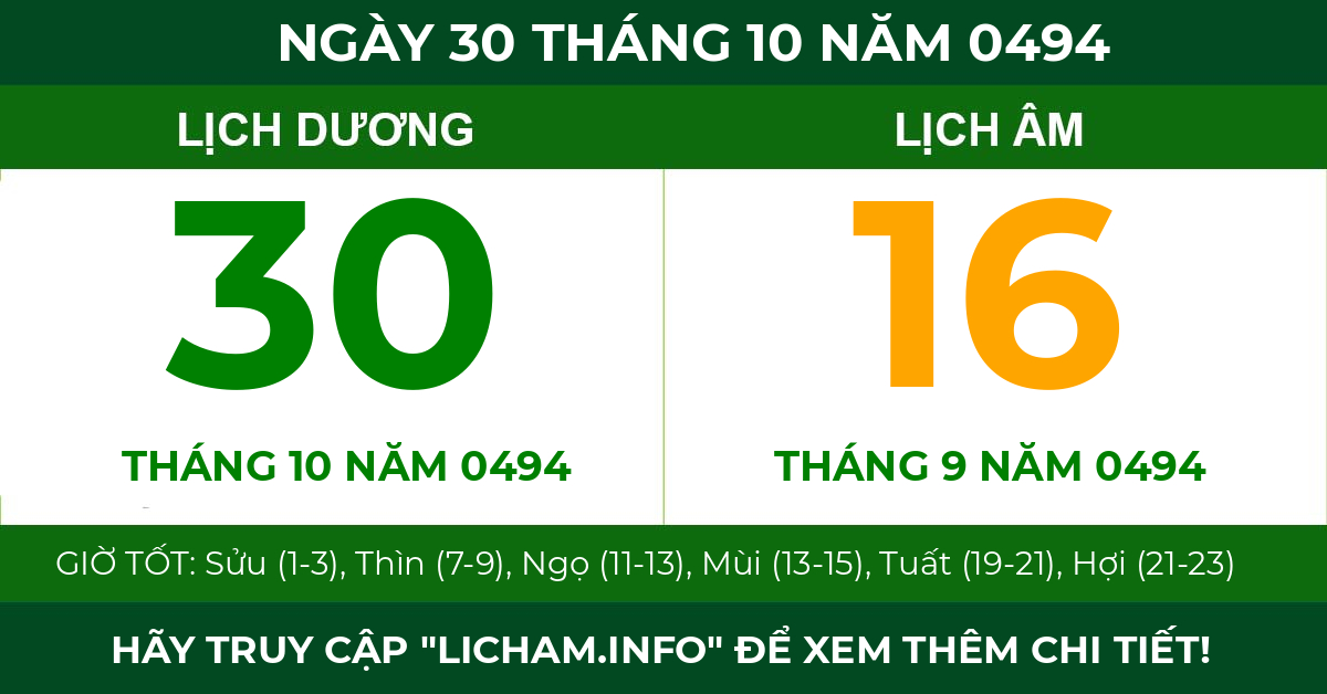 lịch âm ngày 30 tháng 10 năm 0494