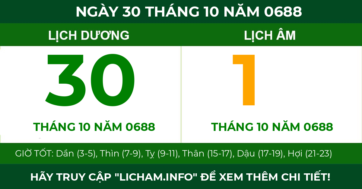 lịch âm ngày 30 tháng 10 năm 0688