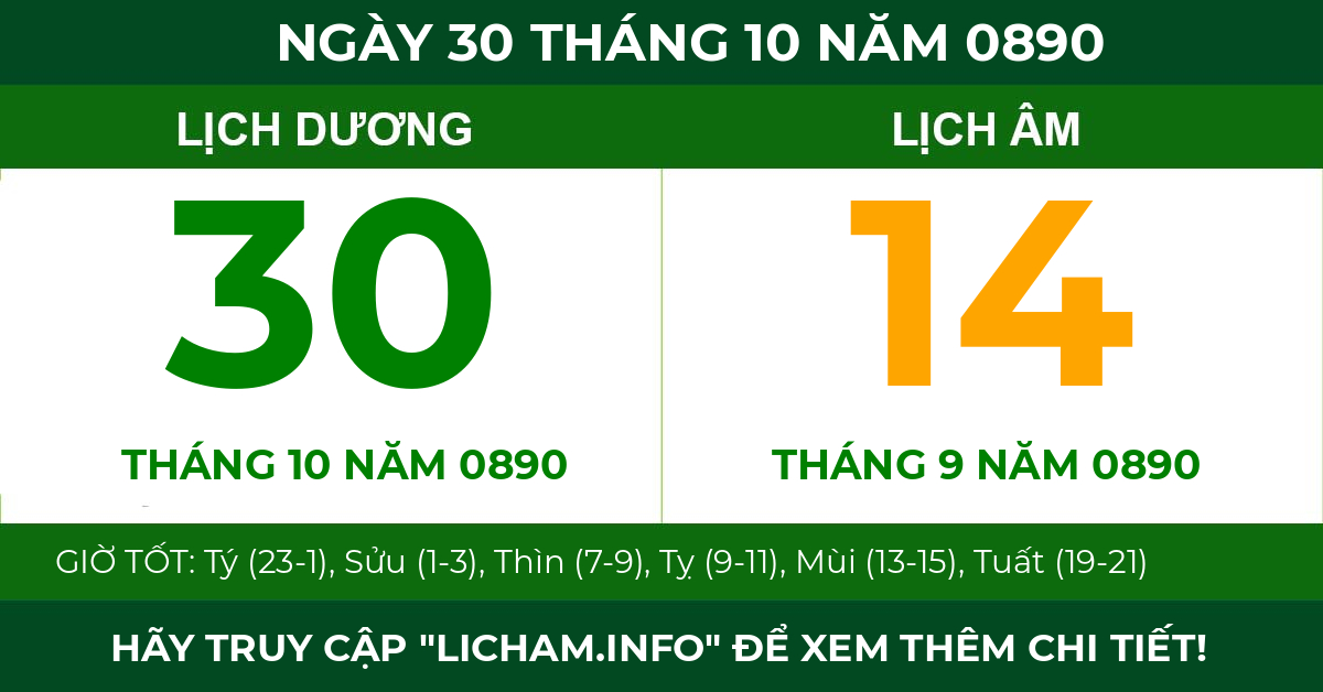 lịch âm ngày 30 tháng 10 năm 0890