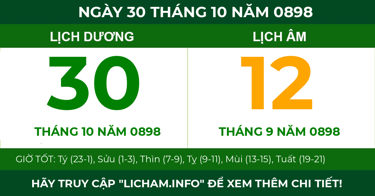 lịch âm ngày 30 tháng 10 năm 0898
